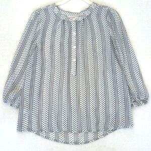 Ann Taylor Loft White Sheer Black Polka Dot & Stripes 3/4 Sleeve Blouse M/P